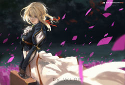 Rule 34 | 10s, 1girl, artist name, blonde hair, braid, commentary, ears visible through hair, hair between eyes, highres, holding, long hair, looking down, multicolored background, multicolored clothes, patreon logo, patreon username, solo, suitcase, violet evergarden, violet evergarden (series), wlop