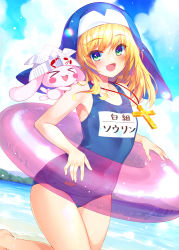 Rule 34 | 1girl, :d, beach, blonde hair, blue headwear, blue one-piece swimsuit, blue sky, bucchake (asami), commentary request, cross, cross necklace, day, green eyes, habit, holding, holding swim ring, innertube, jewelry, leg up, long hair, looking at viewer, name tag, necklace, old school swimsuit, one-piece swimsuit, ootomo sourin (sengoku otome), open mouth, outdoors, partial commentary, school swimsuit, sengoku otome, shore, sky, smile, solo, standing, standing on one leg, stuffed animal, stuffed rabbit, stuffed toy, swim ring, swimsuit, water, water drop