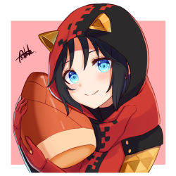 Rule 34 | 1girl, absurdres, animal ears, animal hood, animification, apex legends, bamboo shoot, black hair, blue eyes, cat ears, cat hood, gloves, hellcat wraith, highres, holding, hood, jacket, looking at viewer, official alternate costume, portrait, red gloves, red jacket, smile, solo, tknk, wraith (apex legends)