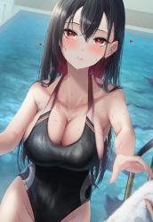 Rule 34 | 1girl, absurdres, amane sora, bare shoulders, black one-piece swimsuit, blush, breasts, cleavage, collarbone, commentary request, competition swimsuit, fingernails, highres, large breasts, lips, long hair, looking at viewer, mole, mole under mouth, one-piece swimsuit, original, out of frame, parted lips, pool ladder, red eyes, simple background, solo, swimsuit, towel, water, water drop, wet