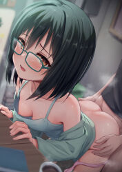 Rule 34 | 1boy, 1girl, arm support, ass, bare shoulders, black hair, black shirt, blurry, blurry background, blurry foreground, blush, book, breasts, camisole, clothed female nude male, clothed sex, coffee, collarbone, commentary request, cowboy shot, cup, downblouse, fang, fingernails, glasses, green-framed eyewear, green shirt, grey camisole, hair between eyes, hand on another&#039;s ass, hand on another&#039;s hip, hand on table, hands up, hetero, highres, indoors, leaning forward, leaning on object, long sleeves, looking at viewer, looking to the side, love live!, love live! nijigasaki high school idol club, mifune shioriko, nipples, no pants, nude, off shoulder, open clothes, open shirt, paid reward available, panties, panties around leg, parted lips, pink panties, raised eyebrows, sex, sex from behind, shirt, short hair, small breasts, solo focus, spaghetti strap, standing, standing sex, steaming body, sweat, table, toyasu aina, underwear, yellow eyes