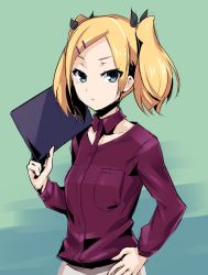 Rule 34 | 10s, 1girl, black ribbon, blonde hair, blue eyes, grey eyes, hair ornament, hair ribbon, hair tie, hairclip, hand on own hip, looking at viewer, necktie, shirobako, short hair, small breasts, solo, twintails, yano erika