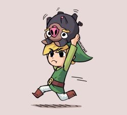 Rule 34 | 1boy, black eyes, blonde hair, brown footwear, carrying overhead, commentary, creatures (company), english commentary, frown, full body, game freak, green headwear, green tunic, hat, highres, lechonk, link, lollitree, nintendo, pig, pointy ears, pokemon, pokemon (creature), running, simple background, tan background, the legend of zelda, the legend of zelda: the wind waker, toon link