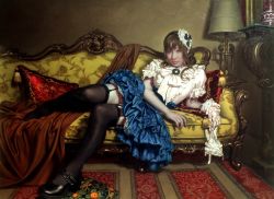 Rule 34 | 1girl, asian, black footwear, black thighhighs, blue skirt, brown hair, carpet, classic lolita, commentary request, couch, facing viewer, full body, garter belt, garter straps, gloves, unworn gloves, hair ornament, highres, indoors, knees together feet apart, lamp, layered skirt, lolita fashion, looking at viewer, lying, mishima tetsuya, on couch, on side, original, pinup (style), realistic, reclining, shoes, short sleeves, signature, skirt, solo, tagme, thighhighs, white gloves