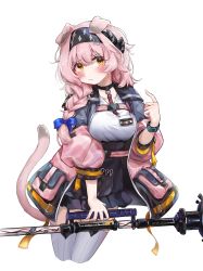 Rule 34 | 1girl, absurdres, animal ears, arknights, black choker, black hairband, black skirt, blue bow, blush, book, bow, bracelet, braid, breasts, cat ears, cat girl, cat tail, choker, closed mouth, coat, commentary, cropped legs, english commentary, garter straps, goldenglow (arknights), hair bow, hairband, high-waist skirt, highres, holding, holding staff, id card, infection monitor (arknights), jewelry, large breasts, lightning bolt print, long hair, long sleeves, looking at viewer, multicolored coat, name tag, open book, orange eyes, pink hair, pointing, pointing at self, polyvora, side braid, simple background, skirt, solo, staff, striped clothes, striped thighhighs, tail, tearing up, tears, thighhighs, two-tone coat, vertical-striped clothes, vertical-striped thighhighs, white background, white thighhighs, zettai ryouiki