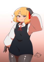 Rule 34 | 1girl, arm at side, black dress, black gloves, black pantyhose, blonde hair, blush, breasts, closed mouth, collared shirt, commentary request, cowboy shot, dress, gloves, gradient background, hair ribbon, hand on own head, heart, highres, kurodani yamame, long sleeves, looking at viewer, medium bangs, neck ribbon, pantyhose, pinafore dress, pink background, red eyes, red ribbon, ribbon, rinyamame, rumia, shirt, short dress, short hair, sleeveless, sleeveless dress, small breasts, smile, solo, touhou, white background, white shirt
