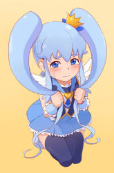 Rule 34 | 10s, 1girl, blue eyes, blue hair, blue skirt, blue thighhighs, blush, brooch, crown, cure princess, happinesscharge precure!, heart, heart brooch, holding, holding own hair, jewelry, long hair, magical girl, matching hair/eyes, precure, shirayuki hime, simple background, skirt, solo, tears, thighhighs, twintails, wavy mouth, weedslogic, yellow background