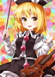 Rule 34 | 1girl, :d, black dress, black hat, blonde hair, blush, bow (music), breasts, bubble background, commentary request, cowboy shot, dress, hair between eyes, hat, highres, instrument, looking at viewer, lunasa prismriver, multicolored background, one-hour drawing challenge, open mouth, ruu (tksymkw), short hair, small breasts, smile, solo, touhou, violin, yellow eyes
