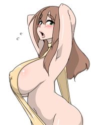 Rule 34 | 1girl, arm behind head, arm up, armpits, blush, breasts, brown hair, covered erect nipples, female focus, green eyes, huge breasts, kaz (shade), lips, long hair, makihara nodoka, open mouth, original, profile, sideboob, simple background, solo, standing, white background