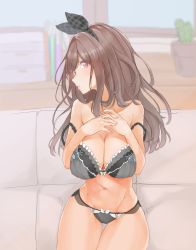 Rule 34 | 1girl, bare shoulders, black bow, black bra, black panties, blush, bow, bra, breasts, brown hair, cactus, cleavage, collarbone, commentary request, couch, frilled bra, frills, hair bow, hands on own chest, highres, idolmaster, idolmaster shiny colors, indoors, large breasts, long hair, looking at viewer, navel, panties, pekoni (peconi), pink eyes, ponytail, ribbon, sitting, solo, strap slip, thighs, tsukioka kogane, underwear, window