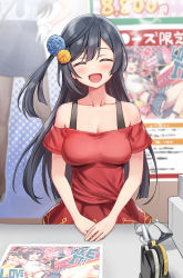 Rule 34 | 1girl, barcode scanner, bare shoulders, black hair, blush, breasts, cleavage, closed eyes, collarbone, deadnooodles, dress, english text, flower, hair flower, hair ornament, highres, long hair, love live!, love live! nijigasaki high school idol club, medium breasts, off shoulder, open mouth, poster (object), red dress, red skirt, skirt, smile, solo, table, tape, yuki setsuna (love live!)