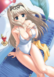 Rule 34 | 00s, blonde hair, blue eyes, breasts, brown hair, casual one-piece swimsuit, chair, cleavage, drink, earrings, hair ribbon, hand on own chest, jewelry, kishi nisen, kusugawa sasara, large breasts, long hair, lounge chair, navel, one-piece swimsuit, palm tree, ribbon, sitting, solo, swimsuit, thigh gap, thighs, to heart (series), to heart 2, towel, tree, white one-piece swimsuit