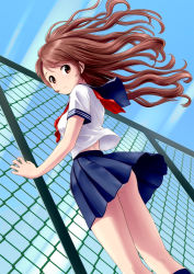 Rule 34 | 1girl, against fence, ass, blush, brown eyes, brown hair, chain-link fence, cloud, day, fence, fence grab, from behind, long hair, looking back, open mouth, original, panties, pleated skirt, ponnetsu, school uniform, serafuku, skirt, sky, solo, underwear, upskirt, white panties, wind
