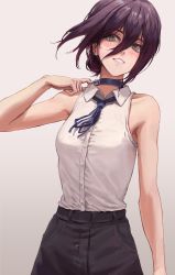 Rule 34 | 1girl, athenawyrm, bare shoulders, black pants, blue choker, blue ribbon, blush, breasts, chainsaw man, choker, collared shirt, commentary, cowboy shot, eyebrows hidden by hair, gradient background, green eyes, grey background, hair between eyes, hand up, high-waist pants, highres, looking at viewer, medium breasts, medium hair, neck ribbon, pants, reze (chainsaw man), ribbon, shirt, sleeveless, smile, solo, standing, symbol-only commentary, teeth, white background, white shirt