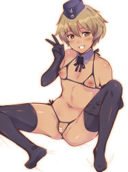 Rule 34 | 1girl, alternate breast size, arm up, bikini, black bikini, black gloves, black hat, black thighhighs, blonde hair, blush, breasts, censored, cleft of venus, crotchless, crotchless bikini, cupless bikini, detached collar, elbow gloves, em (totsuzen no hakike), garrison cap, gloves, grin, halterneck, hat, heart, heart censor, knee up, looking at viewer, nipple piercing, nipples, piercing, pussy, revealing clothes, simple background, sitting, small breasts, smile, solo, spread legs, swimsuit, thighhighs, v, white background, world witches series
