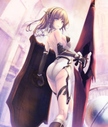 Rule 34 | 1girl, ass, backless outfit, bare shoulders, black gloves, blonde hair, blue eyes, breasts, closed mouth, cowboy shot, dual wielding, elbow gloves, from behind, gloves, hair ribbon, hairband, highres, holding, kneepits, leotard, long hair, looking at viewer, looking back, medium breasts, original, ribbon, sideboob, smile, solo, tenmaso, white leotard, white ribbon