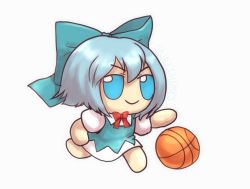 Rule 34 | 1girl, ball, basketball, basketball (object), blue bow, blue dress, blue eyes, blue hair, blue ribbon, bow, character doll, chibi, cirno, closed mouth, collar, dress, fumo (doll), hair bow, highres, looking afar, neck ribbon, pinafore dress, playing sports, puffy short sleeves, puffy sleeves, red bow, red ribbon, ribbon, running, shirt, short hair, short sleeves, simple background, skullchimes, sleeveless, sleeveless dress, smile, solo, twitter username, v-shaped eyebrows, white background, white collar, white shirt, white sleeves
