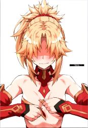 Rule 34 | 1girl, absurdres, bare shoulders, blonde hair, breasts, closed mouth, detached collar, detached sleeves, embarrassed, fang, fate/apocrypha, fate/grand order, fate (series), gold trim, hair ornament, hair scrunchie, highres, long hair, mordred (fate), mordred (fate/apocrypha), ponytail, scan, scrunchie, simple background, small breasts, solo, tonee, upper body