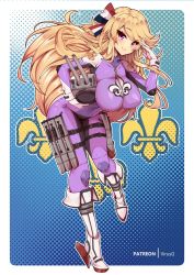 Rule 34 | 1girl, adapted turret, blonde hair, bodysuit, boots, breasts, cannon, commission, destroyer, fleur-de-lis, gloves, large breasts, long hair, military, military vehicle, original, personification, purple bodysuit, purple eyes, ship, smile, solo, thigh strap, torpedo tubes, virus-g, warship, watercraft, white footwear, white gloves