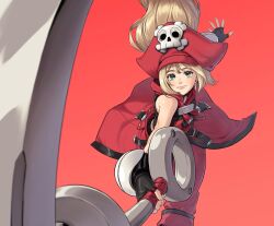 Rule 34 | 1girl, alternate color, anchor, aqua eyes, bare shoulders, black gloves, fingerless gloves, gloves, guilty gear, guilty gear xrd, hat, hat ornament, highres, holding, holding anchor, irene koh, long hair, looking at viewer, may (guilty gear), pants, pirate hat, red background, red headwear, red pants, skull and crossbones, skull hat ornament, smile