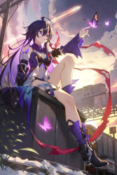 Rule 34 | 1girl, 2023, arm support, black footwear, black hair, black shorts, blue eyes, breasts, bug, butterfly, cleavage, closed mouth, colored inner hair, commentary, dated, detached sleeves, english commentary, floating hair, from below, geduan, hair between eyes, highres, honkai: star rail, honkai (series), insect, long hair, long sleeves, micro shorts, multicolored hair, outdoors, purple hair, purple sleeves, revision, seele (honkai: star rail), shorts, sitting, small breasts, snow, solo, strapless, very long hair