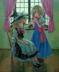 Rule 34 | 2girls, alice margatroid, ama-tou, blonde hair, blue eyes, bow, braid, capelet, chair, character doll, curtains, doll, doll joints, female focus, hair bow, hairband, hand grab, hat, highres, holding hands, indoors, joints, kirisame marisa, long hair, mary janes, multiple girls, shoes, single braid, sitting, touhou, traditional media, window, witch, witch hat, yellow eyes