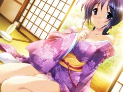 Rule 34 | 1girl, alcohol, bare shoulders, blue eyes, fujiwara warawara, game cg, japanese clothes, natsu shoujo, no panties, purple hair, sake, solo, sweat, wakamezake, yuuki sumiko