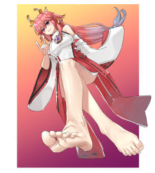 Rule 34 | 1girl, animal ears, bare arms, bare legs, bare shoulders, barefoot, blush, border, breasts, closed mouth, crossed legs, dress, eiji (eiji), feet, female focus, foot focus, foreshortening, fox shadow puppet, from below, full body, genshin impact, hair between eyes, hair ornament, hand on own leg, highres, japanese clothes, large breasts, long hair, looking at viewer, low-tied long hair, miko, multicolored background, pink hair, purple eyes, sitting, smile, solo, very long hair, white border, white dress, wide sleeves, yae miko