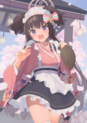 Rule 34 | 1girl, @ @, absurdres, apron, bell, blue archive, blue skirt, blush, bow, brown hair, chest harness, cowboy shot, embarrassed, falling petals, floral print, frilled apron, frills, hair bell, hair bow, hair ornament, halo, harness, highres, holding, holding tray, hotarihotaru, japanese clothes, kimono, kimono skirt, light bulb, long hair, looking at viewer, maid, maid headdress, petals, pink halo, pink kimono, plate, purple eyes, shizuko (blue archive), skirt, solo, thighhighs, tray, two side up, very long hair, wa maid, waist apron, white thighhighs, wide sleeves
