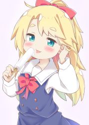 Rule 34 | 1girl, absurdres, blonde hair, blue dress, blush, bow, commentary request, dress, esureki, food, green eyes, hair bow, hand in own hair, highres, himesaka noa, holding, holding food, long hair, melting, neckerchief, pinafore dress, popsicle, red bow, red neckerchief, sailor collar, sailor dress, school uniform, sexually suggestive, shirt, simple background, sleeveless dress, solo, standing, tongue, tongue out, watashi ni tenshi ga maiorita!, white sailor collar, white shirt
