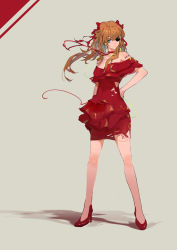 Rule 34 | 1girl, barcode, barcode tattoo, bare legs, blue eyes, bow, chinese commentary, choker, closed mouth, commentary request, dress, earbuds, earphones, eyepatch, full body, grey background, hair bow, hand on own hip, highres, long hair, looking at viewer, mudined, neon genesis evangelion, nerv, off-shoulder dress, off shoulder, one eye covered, orange hair, rebuild of evangelion, red background, red bow, red choker, red dress, short dress, simple background, solo, souryuu asuka langley, standing, tattoo