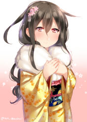 Rule 34 | 1girl, alternate costume, bad id, bad pixiv id, blue obi, blush, brown hair, character request, closed mouth, commentary request, crossed bangs, curly hair, enpera, hair between eyes, japanese clothes, juurouta, kantai collection, kimono, long hair, long sleeves, looking at viewer, low-tied long hair, obi, pink background, print sash, sash, scarf, smile, solo, standing, twitter username, wide sleeves, yellow kimono
