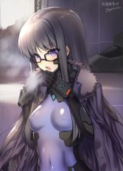 Rule 34 | 1girl, black gloves, black hair, blush, breasts, breath, commission, covered erect nipples, covered navel, fortified suit, fur trim, glasses, gloves, gretel jeckeln, hair behind ear, highres, jacket, jacket on shoulders, long hair, makishima azusa, mecha, muv-luv, muv-luv alternative, open mouth, pilot suit, purple eyes, purple jacket, robot, schwarzesmarken, skeb commission, skin tight, small breasts, solo