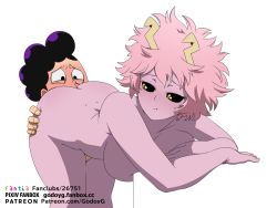 Rule 34 | 1girl, antennae, ashido mina, ass grab, bent over, black hair, black sclera, blush, boku no hero academia, breast press, colored sclera, colored skin, cunnilingus, felipe godoy, full-face blush, leaning forward, leaning on object, looking at another, looking back, mineta minoru, nude, oral, patreon username, pink hair, pink skin, pout, sex, sex from behind, signature, simple background, size difference, yellow eyes