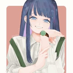 Rule 34 | 1girl, blue eyes, blue hair, collared shirt, highres, jastaway, long hair, long sleeves, looking at viewer, maven, original, parted lips, shirt, signature, smile, solo, upper body, watch, white shirt, wristwatch
