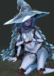 Rule 34 | 1girl, asanagi, bare shoulders, barefoot, bikini, blue eyes, blue hair, blue skin, blush, breasts, cloak, collarbone, colored skin, commentary request, crack, cracked skin, doll joints, elden ring, extra arms, extra faces, fingernails, fur cloak, glowing tattoo, hat, highres, joints, large hat, looking at viewer, medium hair, micro bikini, navel, on floor, own hands together, ranni the witch, rope, smile, solo, string bikini, swimsuit, thighs, white bikini, witch, witch hat
