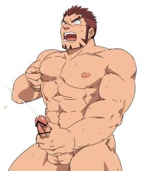 Rule 34 | 1boy, abs, akashi (live a hero), bar censor, bara, blush, brown hair, censored, completely nude, cum, ejaculation, erection, facial hair, goatee, highres, large pectorals, live a hero, long sideburns, male focus, male masturbation, masturbation, mature male, motion lines, multicolored hair, muscular, muscular male, nipple stimulation, nipple tweak, nipples, nude, pectorals, penis, projectile cum, red eyes, red hair, ruizu (takakisan503), short hair, sideburns, solo, stomach, streaked hair, thick eyebrows, thick thighs, thighs, tweaking own nipple