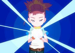 Rule 34 | 1girl, belt, belt buckle, blue background, blue eyes, brown hair, buckle, child, denim, digimon, digimon tamers, energy, facing viewer, flat chest, gradient background, half-closed eyes, high ponytail, jeans, light rays, long image, looking at viewer, makino ruki, own hands together, pants, ponytail, raglan sleeves, serious, shinbiko, shirt, sidelocks, solo, spiked hair, standing, t-shirt, tall image, wind, wind lift, wristband