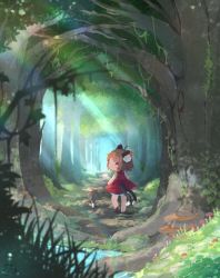 Rule 34 | 1girl, :3, ahoge, animal ear fluff, animal ears, blurry, blurry background, blurry foreground, brown hair, cat, cat ears, cat girl, cat tail, chen, closed mouth, commentary, day, dress, earrings, forest, grass, highres, ibaraki natou, jewelry, light rays, long sleeves, looking at viewer, looking back, multiple tails, mushroom, nature, orange eyes, outdoors, plant, red dress, red skirt, red vest, shirt, short hair, single earring, skirt, sunbeam, sunlight, tail, touhou, tree, vest, vines, walking away, white shirt
