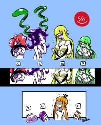 Rule 34 | 6+girls, abs, anger vein, artist name, blonde hair, blunt bangs, blush, bra, breast envy, bust chart, candy (zoza), closed eyes, comic, crazy (zoza), faceless, faceless female, flying sweatdrops, frightening (zoza), green eyes, green hair, highres, hood, hoodie, inkling, inkling girl, inkling player character, japanese clothes, jellyfish (splatoon), logo, lollipop (zoza), long hair, looking at another, maid headdress, multiple girls, nintendo, octoling, onsen, open mouth, orange hair, pancake (zoza), parted lips, partially colored, pointy ears, pretty (zoza), pudding (zoza), purple eyes, purple hair, red hair, seaweed, signature, splatoon (series), splatoon 1, sweatdrop, takozonesu, tentacle hair, trembling, underwear, undressing, waffle (zoza), white hair, zoza