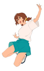 Rule 34 | 1girl, :d, blush, brown eyes, brown hair, green shorts, hibike! euphonium, highres, kamo kamen, kneeling, leaning to the side, open mouth, oumae kumiko, outstretched arms, scrunchie, shirt, shoes, short hair, short sleeves, shorts, simple background, smile, sneakers, solo, t-shirt, twintails, white background, white footwear, white shirt