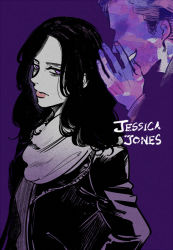 Rule 34 | 1boy, 1girl, animification, character name, closed mouth, copyright name, faceless, faceless male, facial hair, jessica jones (marvel), jessica jones (series), kilgrave, kogashirou, lips, looking at viewer, marvel, marvel cinematic universe, purple background, purple eyes, smile, upper body, whispering
