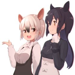 Rule 34 | 2girls, animal ears, black hair, bow, bowtie, breasts, brown eyes, gloves, kemono friends, kemono friends 3, long hair, malayan tapir (kemono friends), medium breasts, multicolored hair, multiple girls, note (suzu note000), open mouth, ribbon, short hair, silver hair, smile, southern tamandua (kemono friends), tamandua ears, tapir ears, upper body, yellow eyes