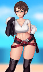 Rule 34 | 1girl, belt, belt buckle, black gloves, black jacket, black shorts, black thighhighs, blue eyes, blurry, blurry background, blush, breasts, brown hair, buckle, cleavage, closed mouth, cloud, collarbone, covered erect nipples, crop top, earrings, feet out of frame, female focus, final fantasy, final fantasy viii, genderswap, genderswap (mtf), gloves, highres, jacket, jewelry, large breasts, leather, leather jacket, lips, loodncrood, looking at viewer, medium breasts, midriff, navel, off shoulder, scar, scar on face, shiny skin, shirt, short hair, short shorts, shorts, sky, solo, squall leonhart, standing, thighhighs, thighs, white shirt
