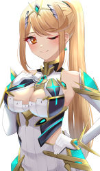 Rule 34 | 1girl, alternate hairstyle, bare shoulders, blonde hair, breasts, chest jewel, cleavage, cleavage cutout, clothing cutout, dress, earrings, elbow gloves, gem, gloves, hand on own hip, hand on own chest, headpiece, highres, jewelry, kyaro (wanu 14), large breasts, long hair, mythra (xenoblade), ponytail, short dress, smile, solo, swept bangs, tiara, very long hair, white dress, white gloves, xenoblade chronicles (series), xenoblade chronicles 2, yellow eyes