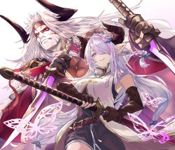 Rule 34 | 1boy, 1girl, belt, blue bow, blue eyes, bow, braid, brown belt, brown gloves, bug, butterfly, character request, dagger, dual wielding, eahta (granblue fantasy), elbow gloves, fingerless gloves, gloves, granblue fantasy, hair bow, hair ornament, hair over one eye, headband, highres, holding, holding dagger, holding knife, holding sheath, holding weapon, horns, insect, japanese clothes, katana, knife, long hair, makeup, narmaya (granblue fantasy), nos, parted lips, petals, pink butterfly, pink hair, pointy ears, purple eyes, red headband, scabbard, sheath, smile, sword, twintails, unsheathing, weapon, white hair