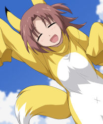 Rule 34 | 10s, 1girl, :d, animal ears, bioroid hei, brown hair, costume, closed eyes, female focus, fox tail, infinite stratos, nohotoke honne, open mouth, outdoors, sky, sleeves past wrists, smile, solo, tail