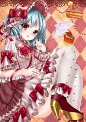 Rule 34 | 1girl, absurdres, alternate costume, alternate headwear, bad id, bad pixiv id, bat wings, blue hair, blush, bonnet, bow, breasts, cake, choker, cleavage, fang, flower, food, frills, high heels, highres, jewelry, looking at viewer, nail polish, open mouth, puffy sleeves, red eyes, remilia scarlet, ribbon, rose, shanghai bisu, shirt, short hair, short sleeves, skirt, skirt set, solo, thighhighs, touhou, white thighhighs, wings