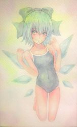 Rule 34 | 1girl, acrylic paint (medium), blue eyes, blue hair, bow, cirno, competition school swimsuit, graphite (medium), hair bow, highres, ice, ice wings, lips, matching hair/eyes, one-piece swimsuit, painting (medium), school swimsuit, short hair, solo, swimsuit, touhou, traditional media, watercolor (medium), wings, yuyu (00365676)
