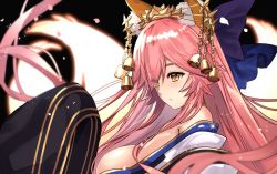 Rule 34 | 1girl, animal ear fluff, animal ears, bare shoulders, bell, blue ribbon, blush, breasts, fate/grand order, fate (series), fox ears, from side, hair bell, hair ornament, hair ribbon, large breasts, long hair, off shoulder, official alternate costume, petals, pink hair, ribbon, sidelocks, solo, tamamo (fate), tamamo no mae (third ascension) (fate), untue, very long hair